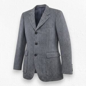 Vintage 50s Harris Tweed Wool Blazer Gray Navy Herringbone USA Made Size 42R